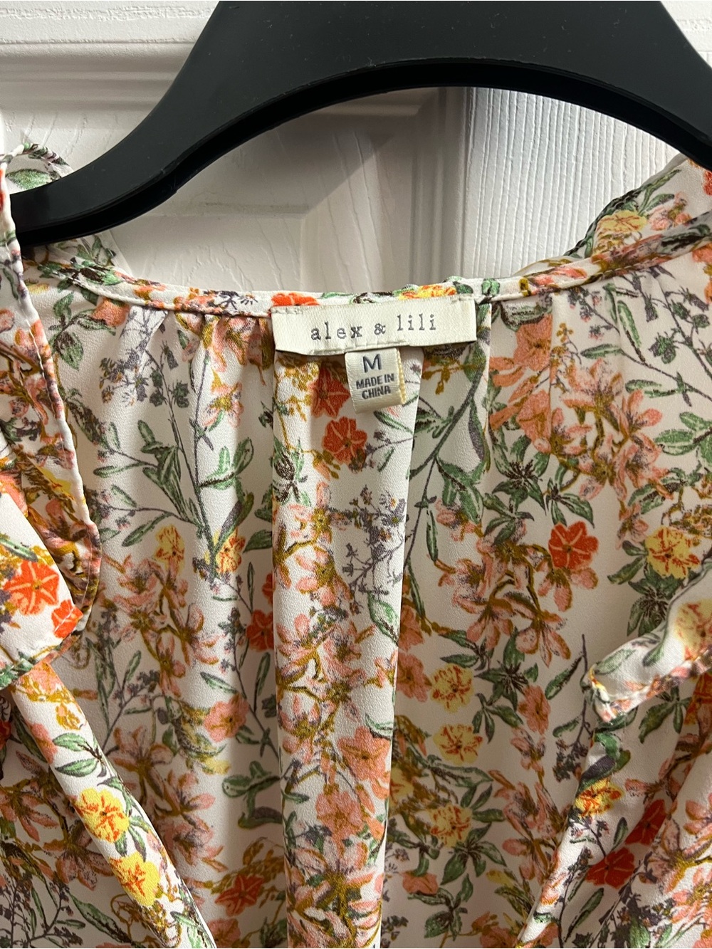 Floral Ruffle V-Neck Blouse - White with Orange & Green Floral - Picture 3 of 3
